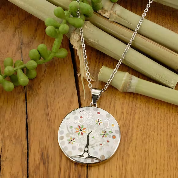 Stainless steel necklace with mother-of-pearl inlays, tree of life pattern /fashion gifts
