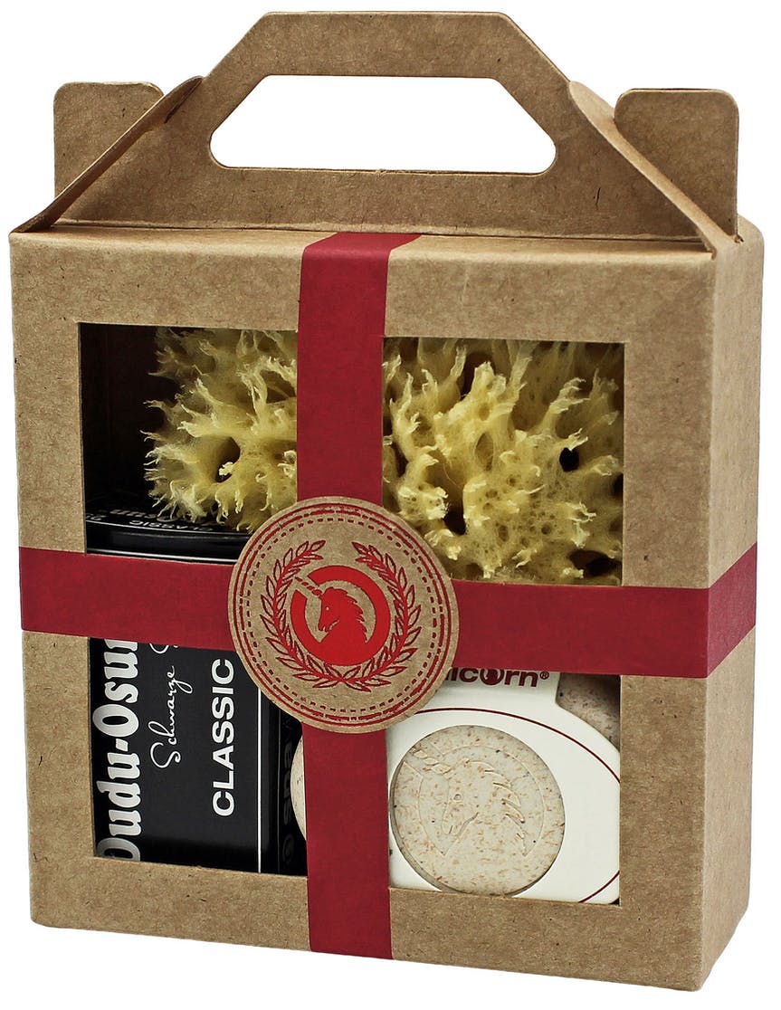 Mini gift set with organic soap, small olive wood bowl, and natural sponge