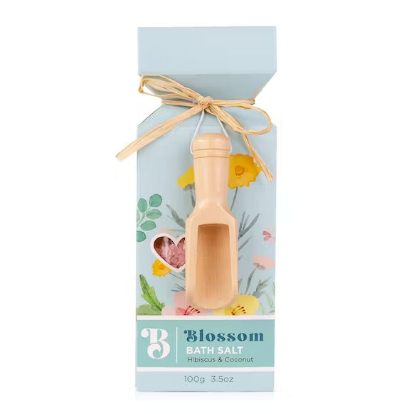 Bath salt in gift box and wooden spoon