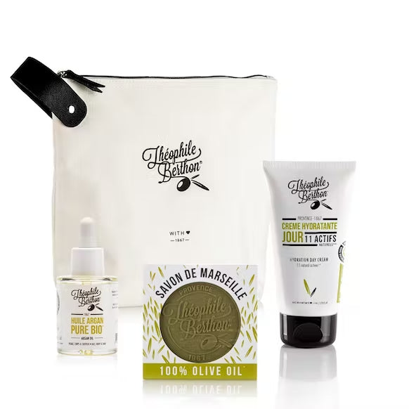 Gift set with argan serum, day moisturizer and traditional Marseille soap