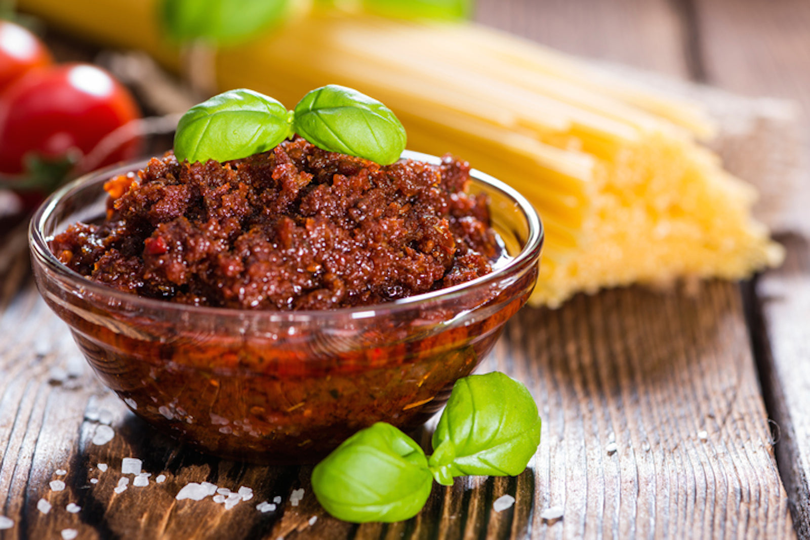 Etna pesto with sun-dried tomatoes, olives, garlic, chili peppers and basil