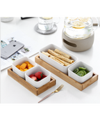 Gift set with 2 square ceramic bowls and bamboo stand