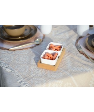 Gift set with 2 square ceramic bowls and bamboo stand