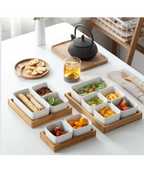 Gift set with 2 square ceramic bowls and bamboo stand