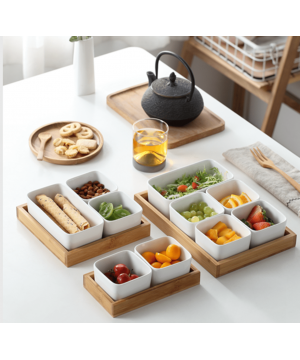 Gift set with 2 square ceramic bowls and bamboo stand